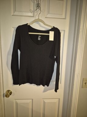 a new day Black Ribbed Scoop Neck Long Sleeve Top
